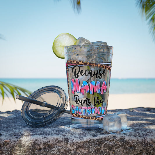 16oz Tumbler with Straw — "Because Mama Runs This…" Leopard Accent Travel Cup