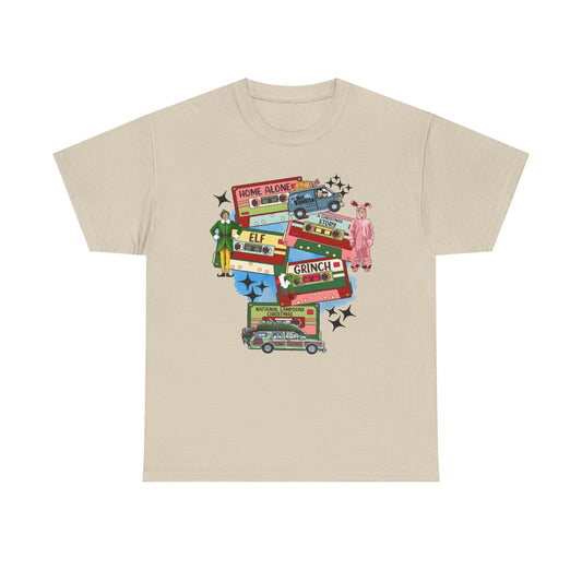 Retro Holiday Movie Stack T-Shirt — Elf, Grinch & Classic Christmas Cars Graphic Tee