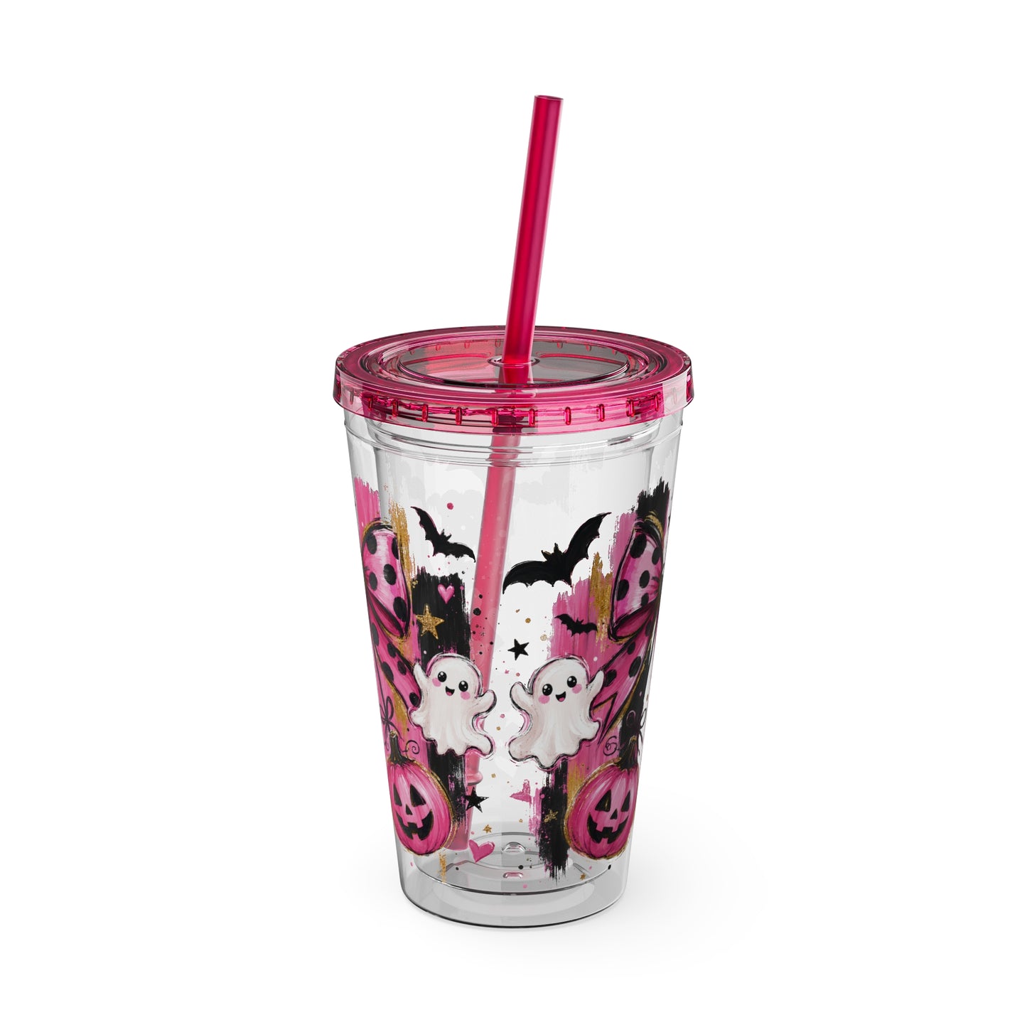 Halloween Pink Ghost Tumbler with Straw — 16oz Cute Pumpkin & Bow Drink Cup