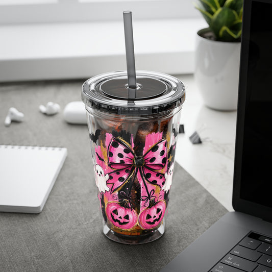 Halloween Pink Ghost Tumbler with Straw — 16oz Cute Pumpkin & Bow Drink Cup
