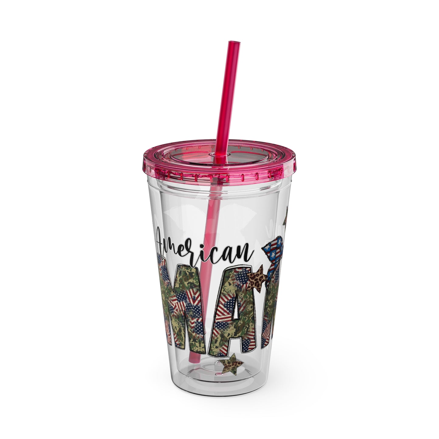 Patriotic Mama 16oz Tumbler with Straw — All American Floral Flag Design