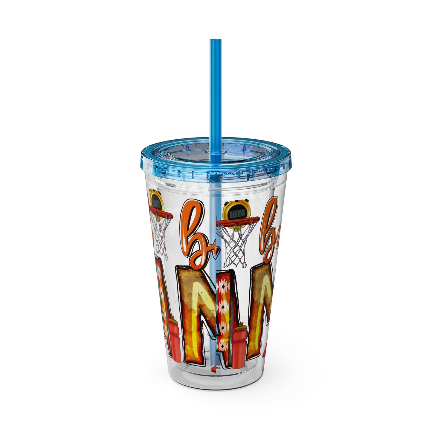 Basketball Mom 16oz Tumbler with Straw — Leopard & Plaid Sunsplash Design
