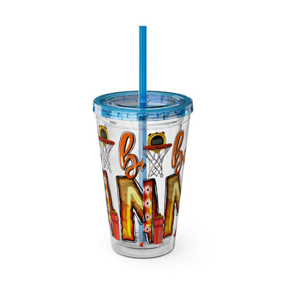 Basketball Mom 16oz Tumbler with Straw — Leopard & Plaid Sunsplash Design