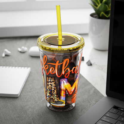 Basketball Mom 16oz Tumbler with Straw — Leopard & Plaid Sunsplash Design