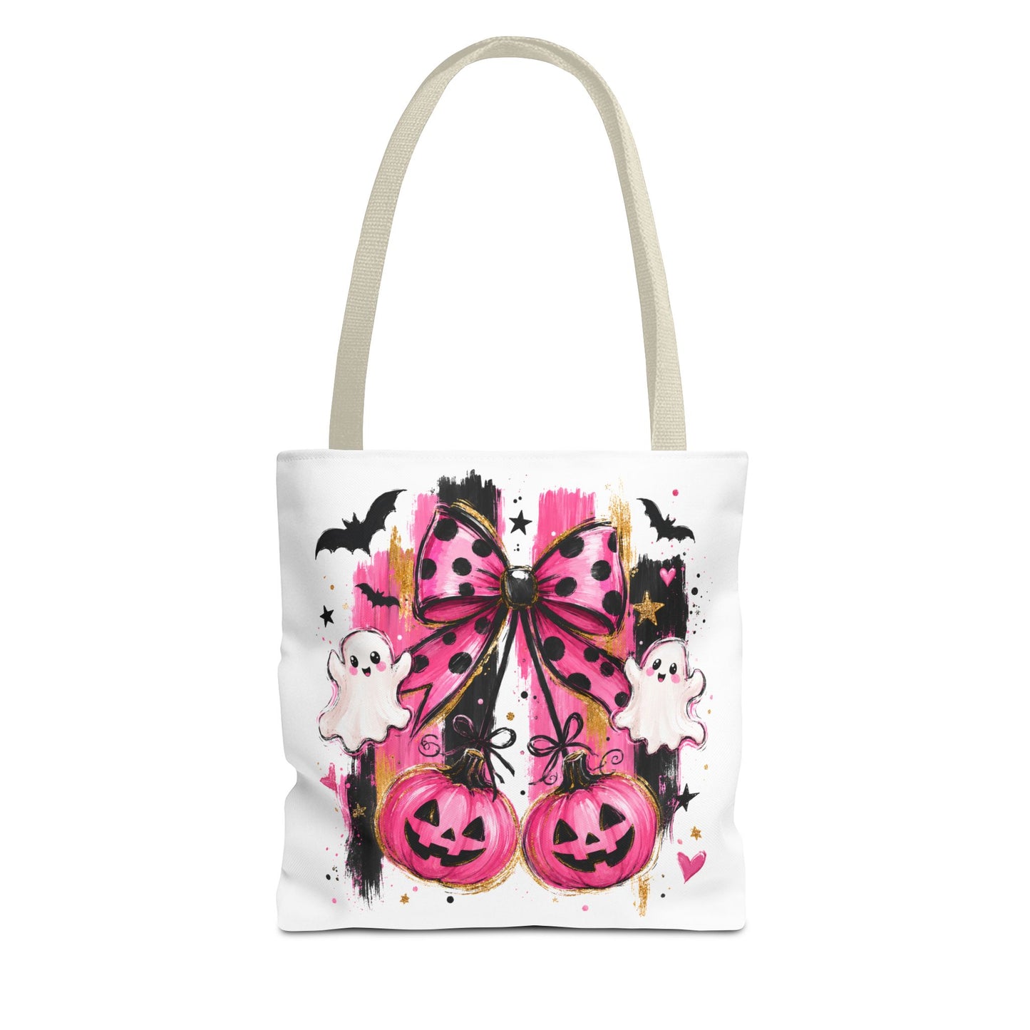 Halloween Pink Bow Tote Bag — Cute Ghosts & Jack-o'-Lanterns AOP