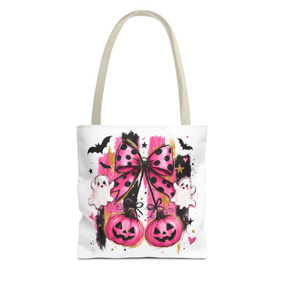 Halloween Pink Bow Tote Bag — Cute Ghosts & Jack-o'-Lanterns AOP