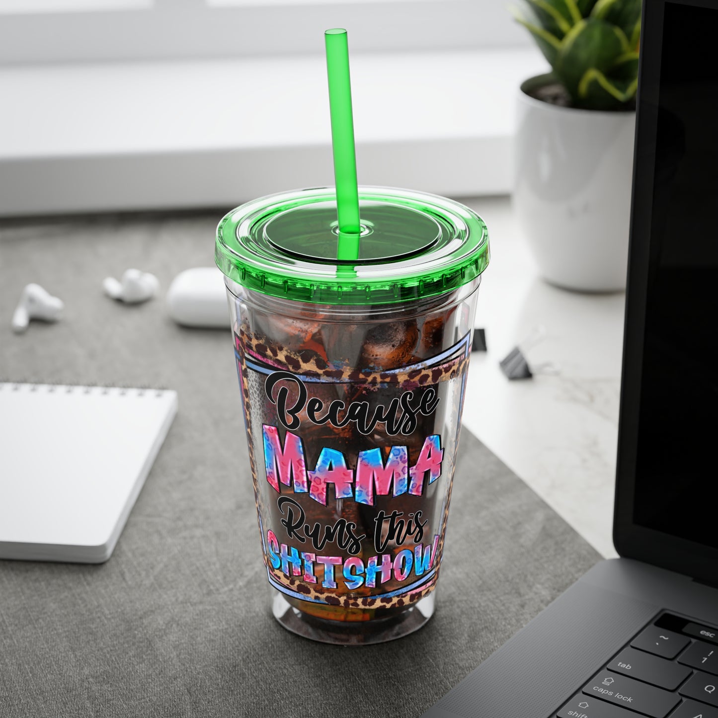 16oz Tumbler with Straw — "Because Mama Runs This…" Leopard Accent Travel Cup