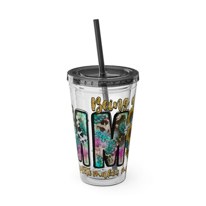 16oz Tumbler with Straw - "Being You" Floral Skull Cold Drink Cup Sunsplash Skull & Sunflower