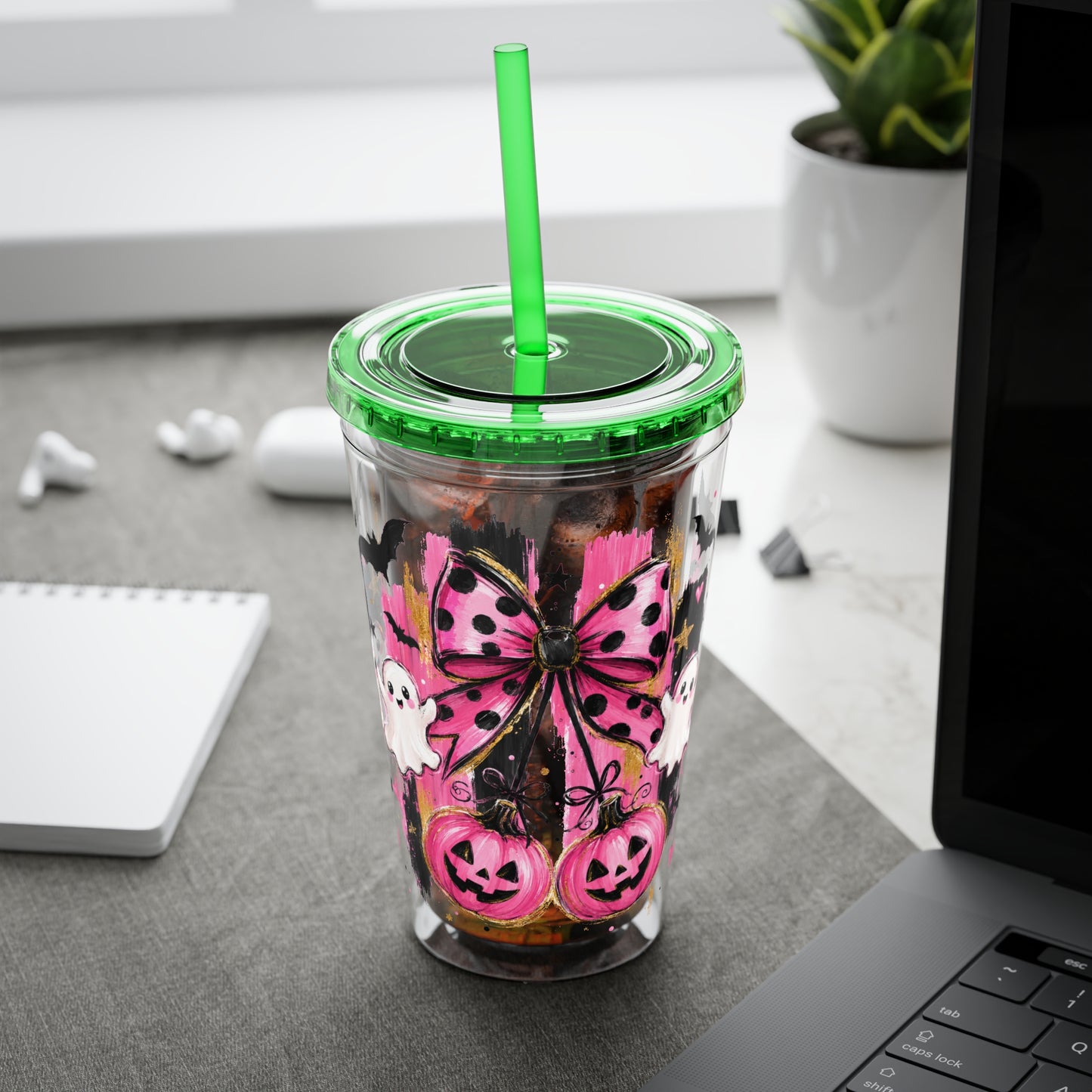 Halloween Pink Ghost Tumbler with Straw — 16oz Cute Pumpkin & Bow Drink Cup