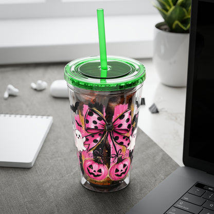Halloween Pink Ghost Tumbler with Straw — 16oz Cute Pumpkin & Bow Drink Cup