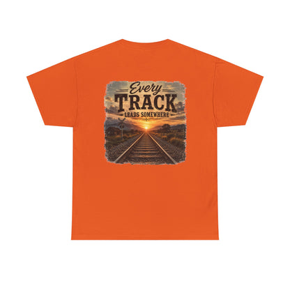 "Every Track Leads Somewhere" Sunset Railroad Graphic Tee
