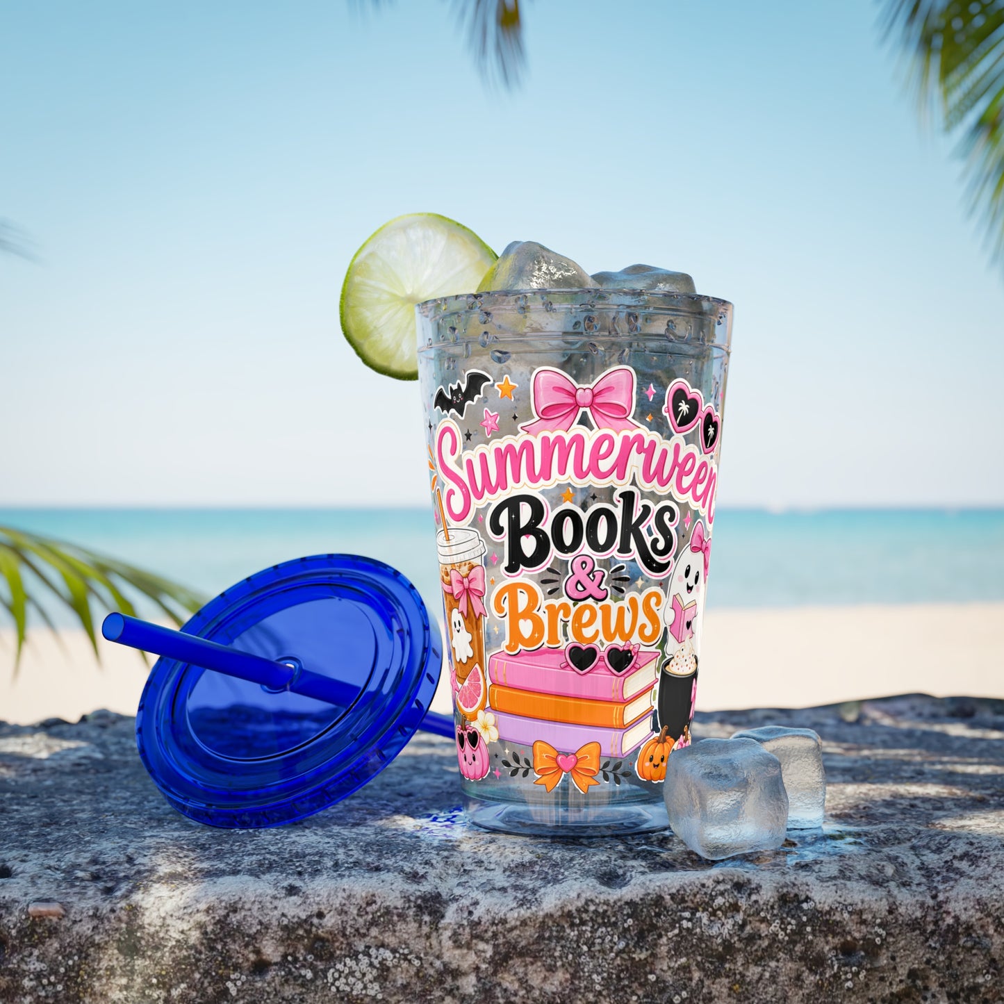 Summerween Books & Brews Tumbler — 16oz Straw Cup for Book Lovers