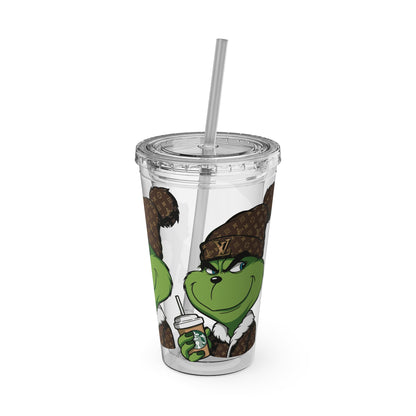 16oz Tumbler — Grinch in Designer Beanie Clear Straw Cup
