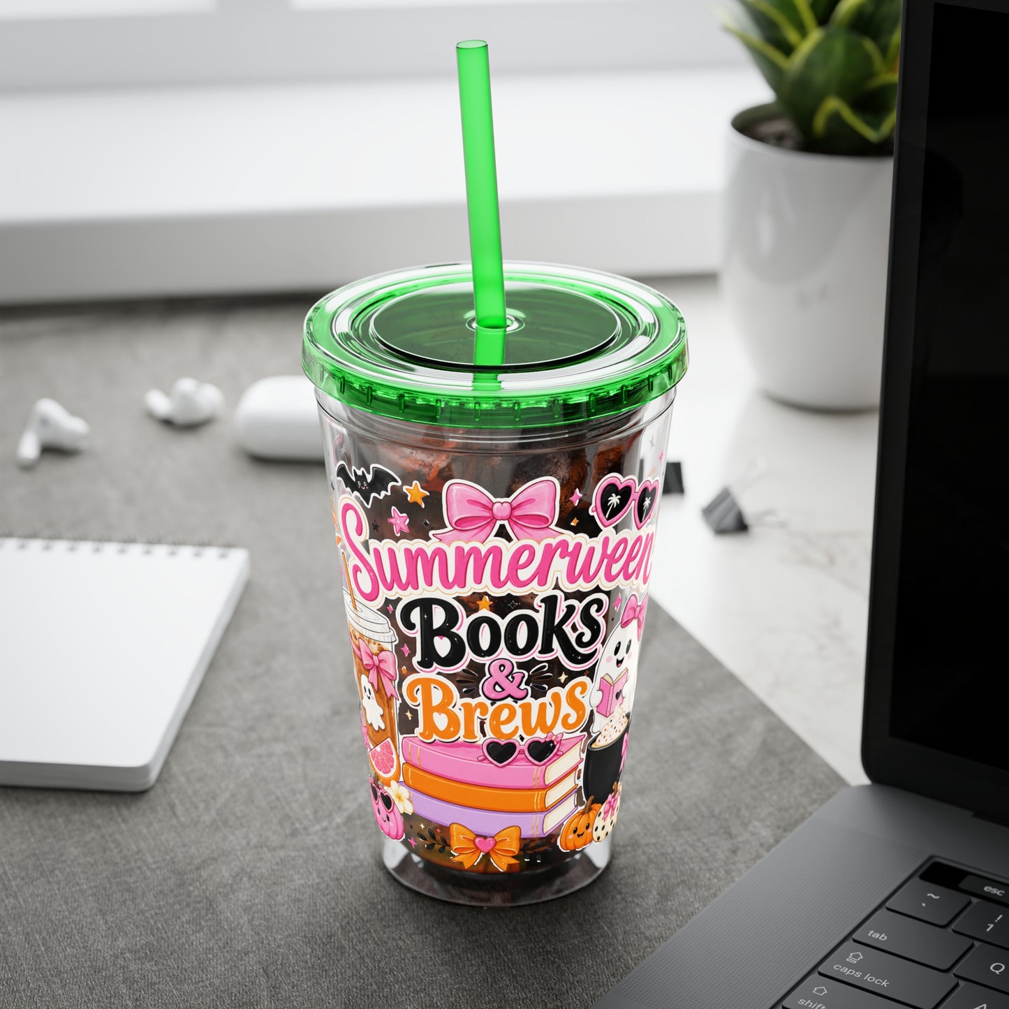 Summerween Books & Brews Tumbler — 16oz Straw Cup for Book Lovers
