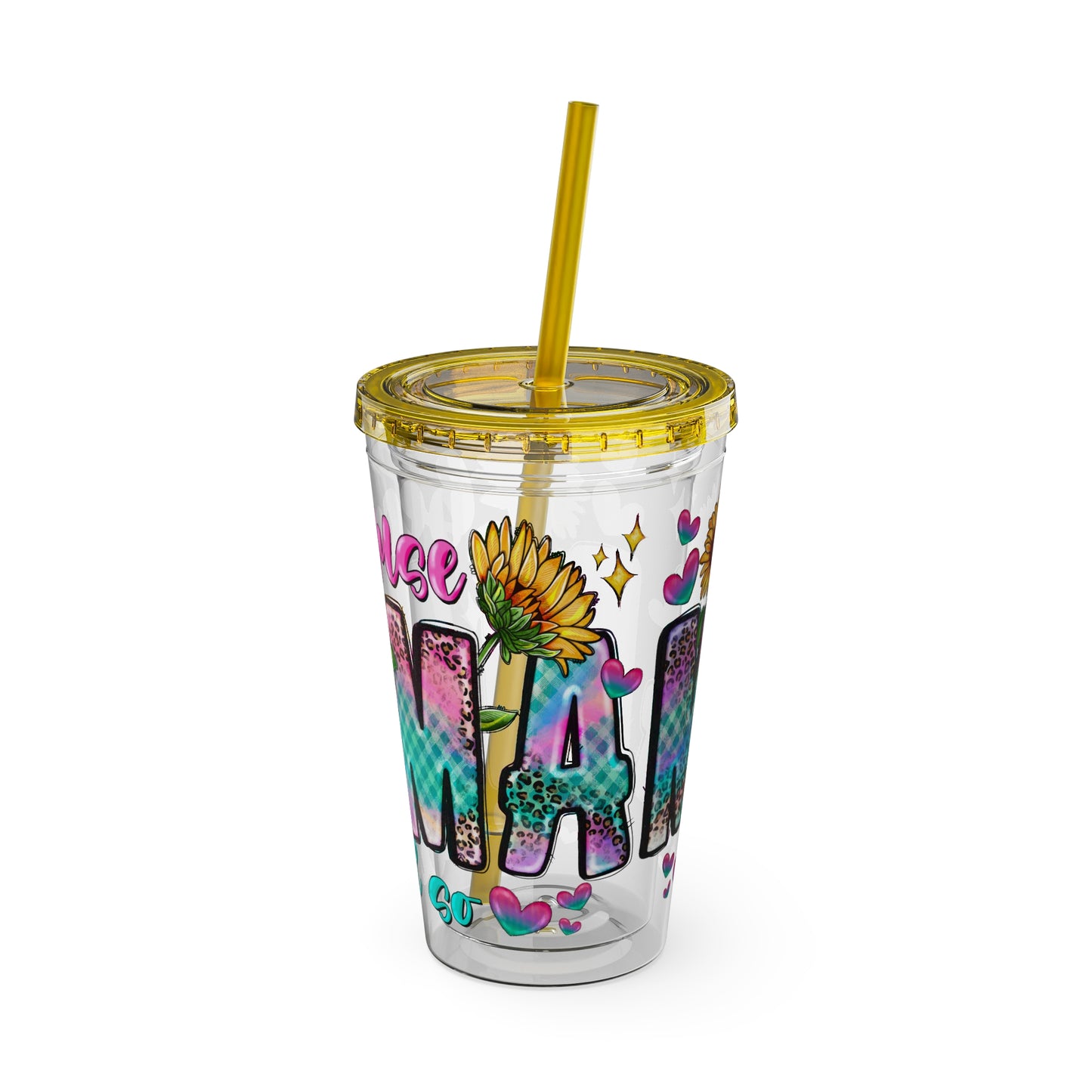 16oz Sunsplash Tumbler with Straw — Floral 'Because I Am' Colorful Sunflower Design