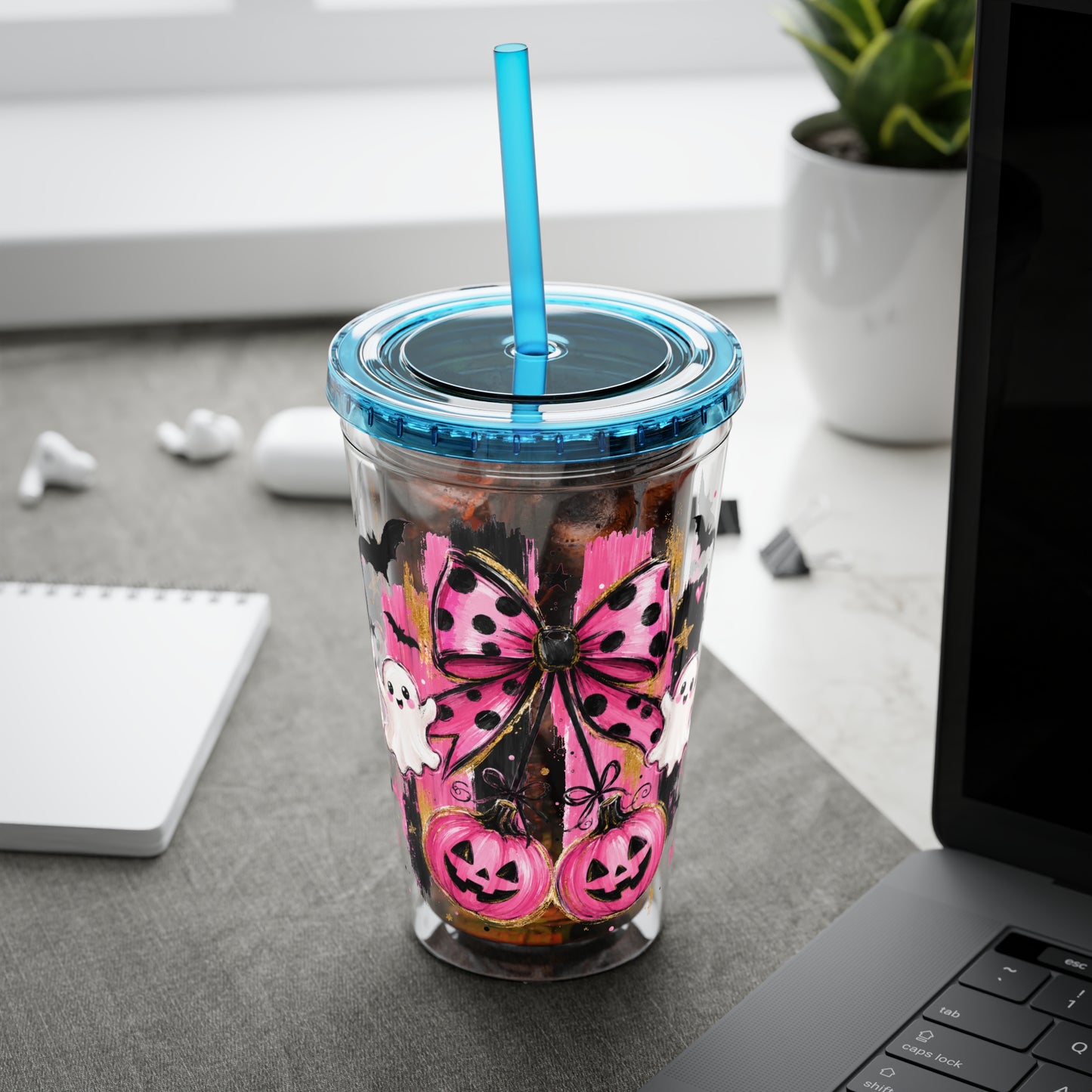 Halloween Pink Ghost Tumbler with Straw — 16oz Cute Pumpkin & Bow Drink Cup