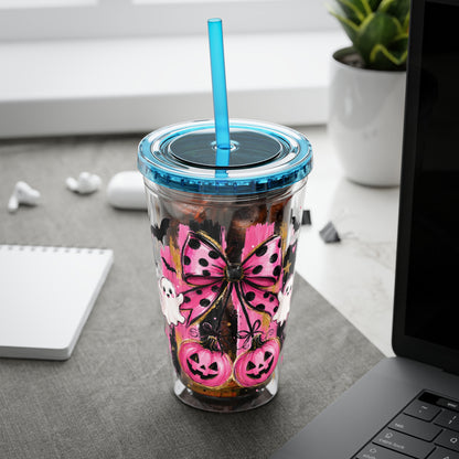 Halloween Pink Ghost Tumbler with Straw — 16oz Cute Pumpkin & Bow Drink Cup