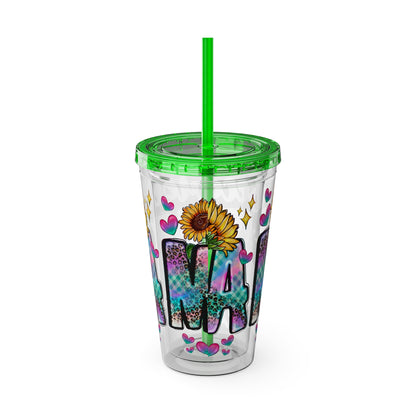 16oz Sunsplash Tumbler with Straw — Floral 'Because I Am' Colorful Sunflower Design