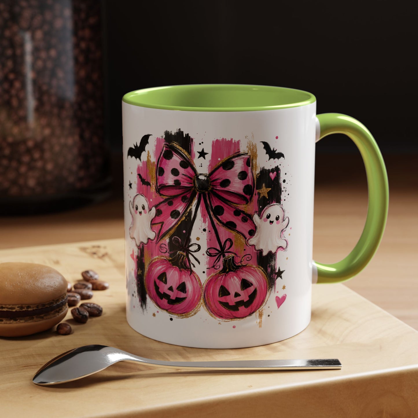 Halloween Pink Pumpkin Coffee Mug — Cute Ghosts & Bow Accent Mug (11/15oz)