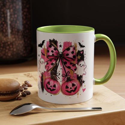 Halloween Pink Pumpkin Coffee Mug — Cute Ghosts & Bow Accent Mug (11/15oz)