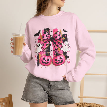 Halloween Pink Pumpkin Crewneck Sweatshirt — Cute Ghosts & Bow Graphic