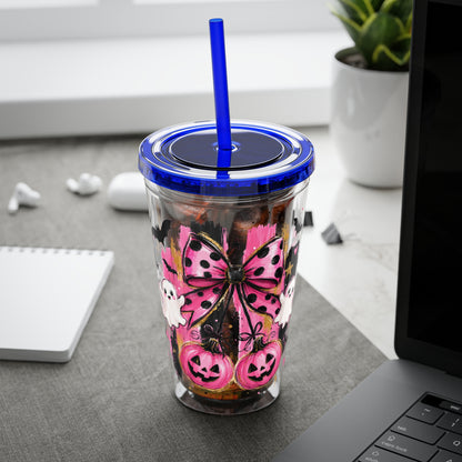 Halloween Pink Ghost Tumbler with Straw — 16oz Cute Pumpkin & Bow Drink Cup