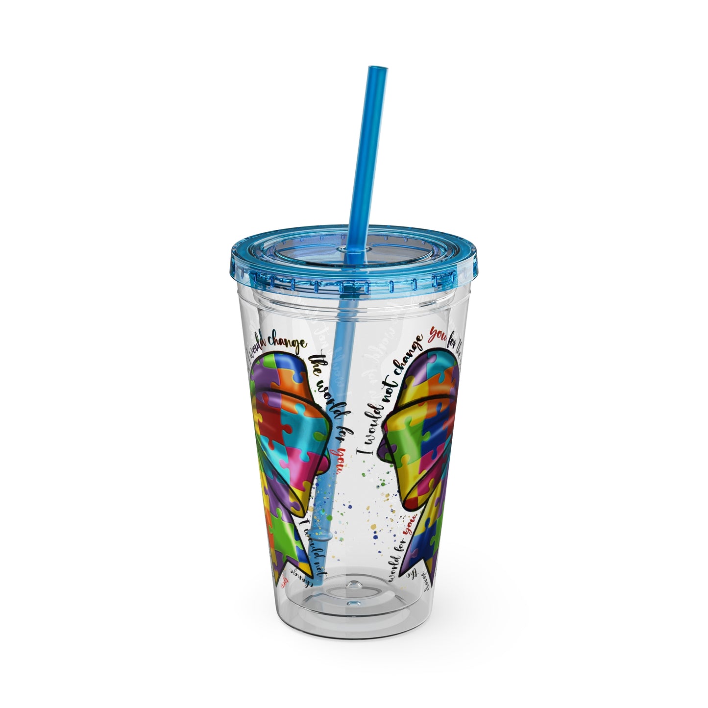 Autism Awareness Rainbow Puzzle Bow Tumbler with Straw, 16oz