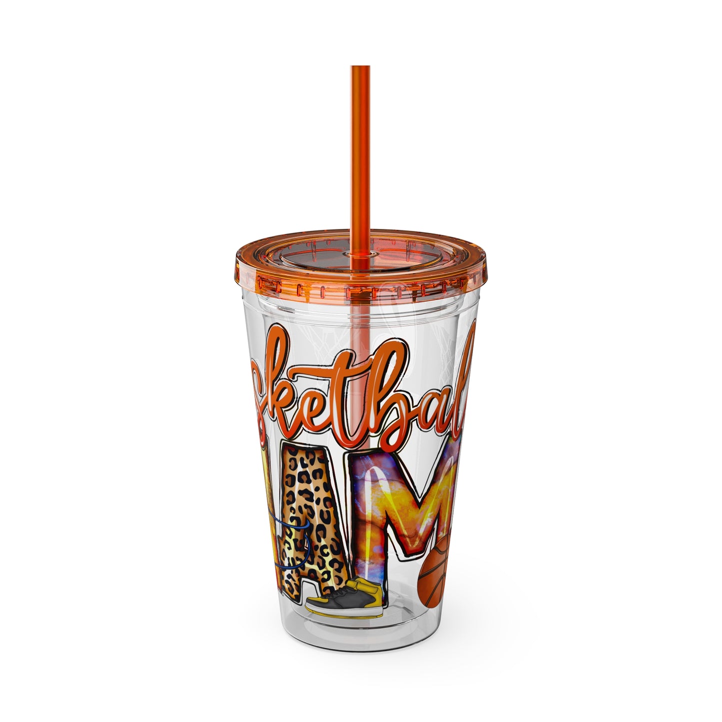 Basketball Mom 16oz Tumbler with Straw — Leopard & Plaid Sunsplash Design