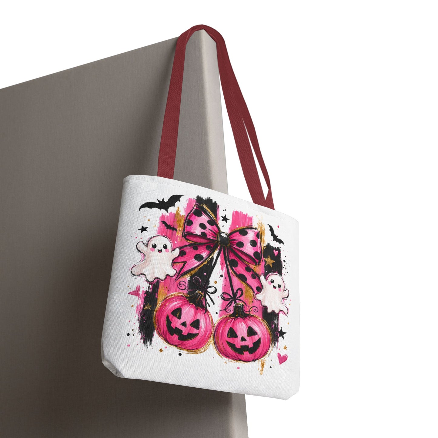 Halloween Pink Bow Tote Bag — Cute Ghosts & Jack-o'-Lanterns AOP