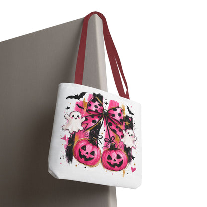 Halloween Pink Bow Tote Bag — Cute Ghosts & Jack-o'-Lanterns AOP