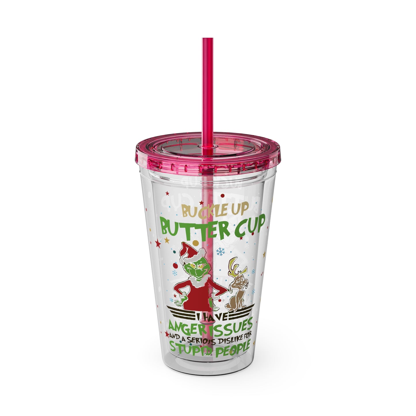 16oz Tumbler with Straw — 'Buckle Up Buttercup' Grinch Holiday Travel Cup