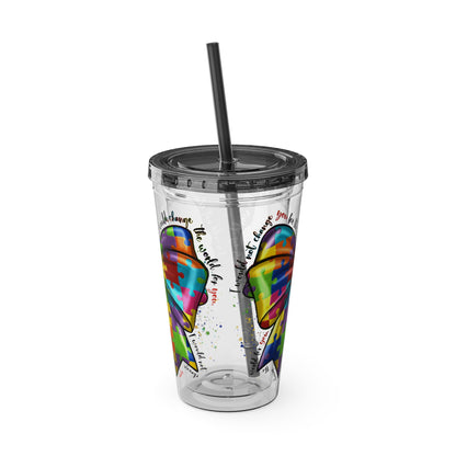 Autism Awareness Rainbow Puzzle Bow Tumbler with Straw, 16oz