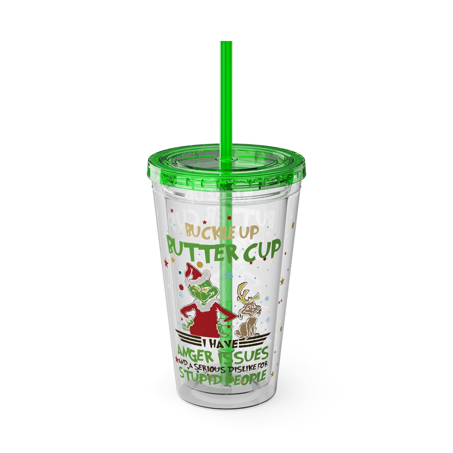 16oz Tumbler with Straw — 'Buckle Up Buttercup' Grinch Holiday Travel Cup