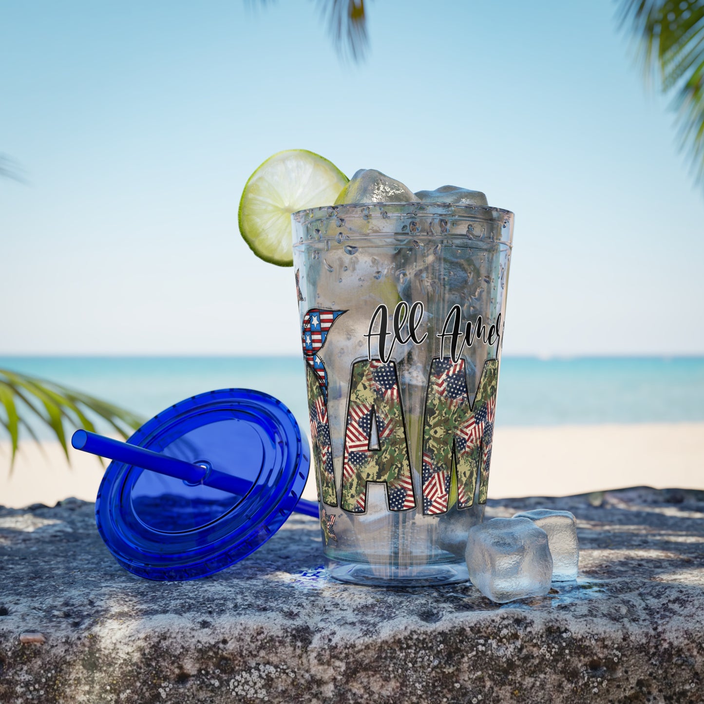 Patriotic Mama 16oz Tumbler with Straw — All American Floral Flag Design