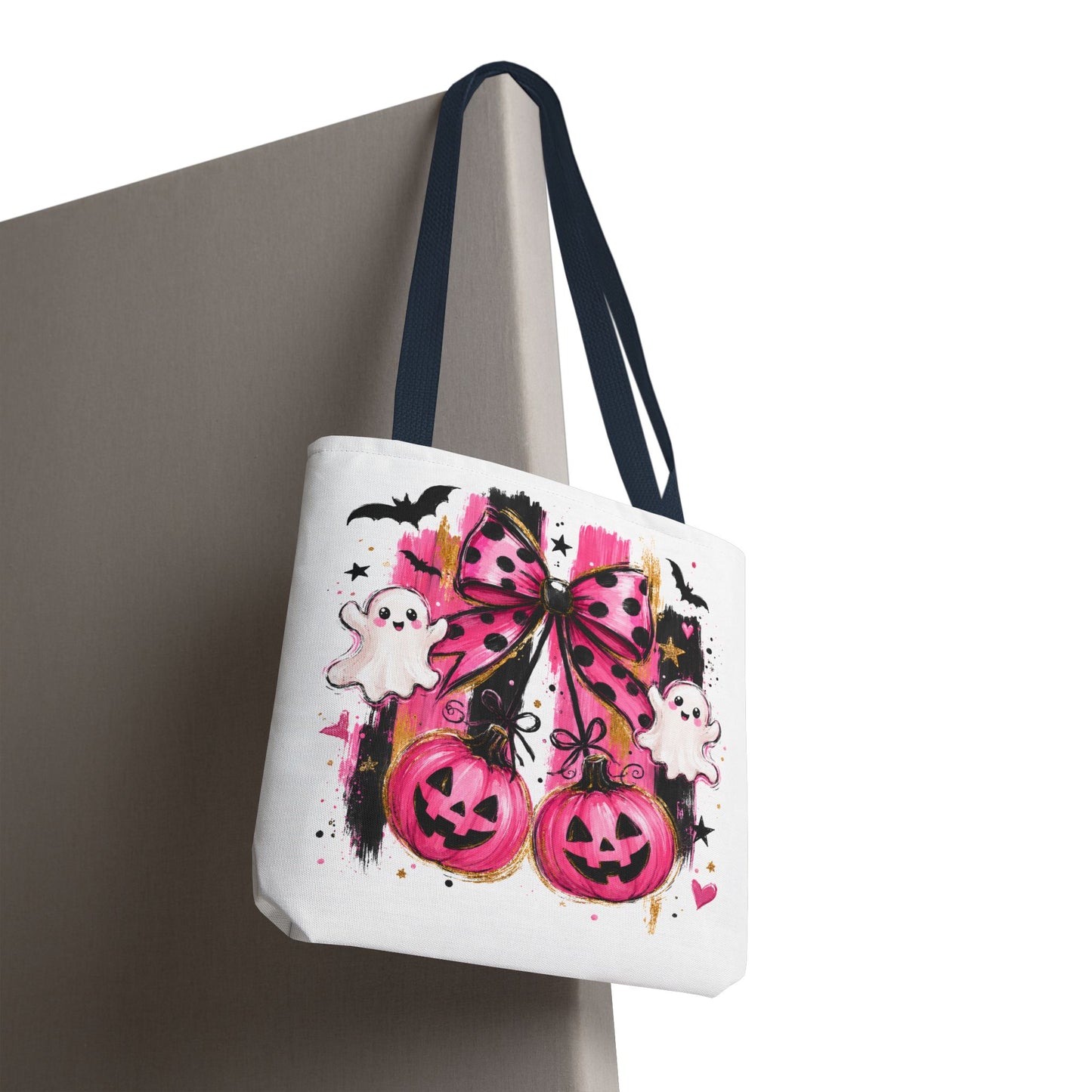 Halloween Pink Bow Tote Bag — Cute Ghosts & Jack-o'-Lanterns AOP