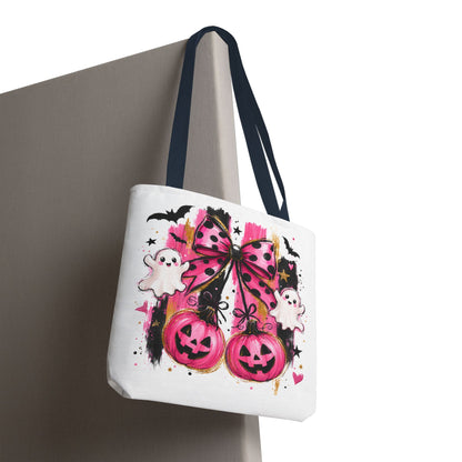 Halloween Pink Bow Tote Bag — Cute Ghosts & Jack-o'-Lanterns AOP