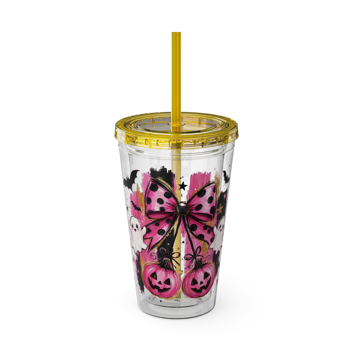 Halloween Pink Ghost Tumbler with Straw — 16oz Cute Pumpkin & Bow Drink Cup
