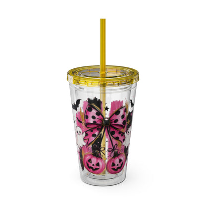 Halloween Pink Ghost Tumbler with Straw — 16oz Cute Pumpkin & Bow Drink Cup