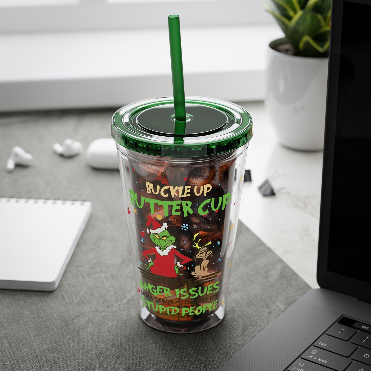 16oz Tumbler with Straw — 'Buckle Up Buttercup' Grinch Holiday Travel Cup