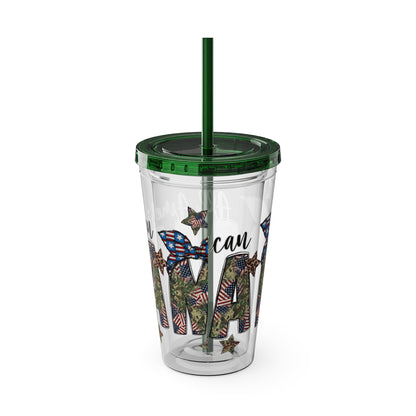 Patriotic Mama 16oz Tumbler with Straw — All American Floral Flag Design