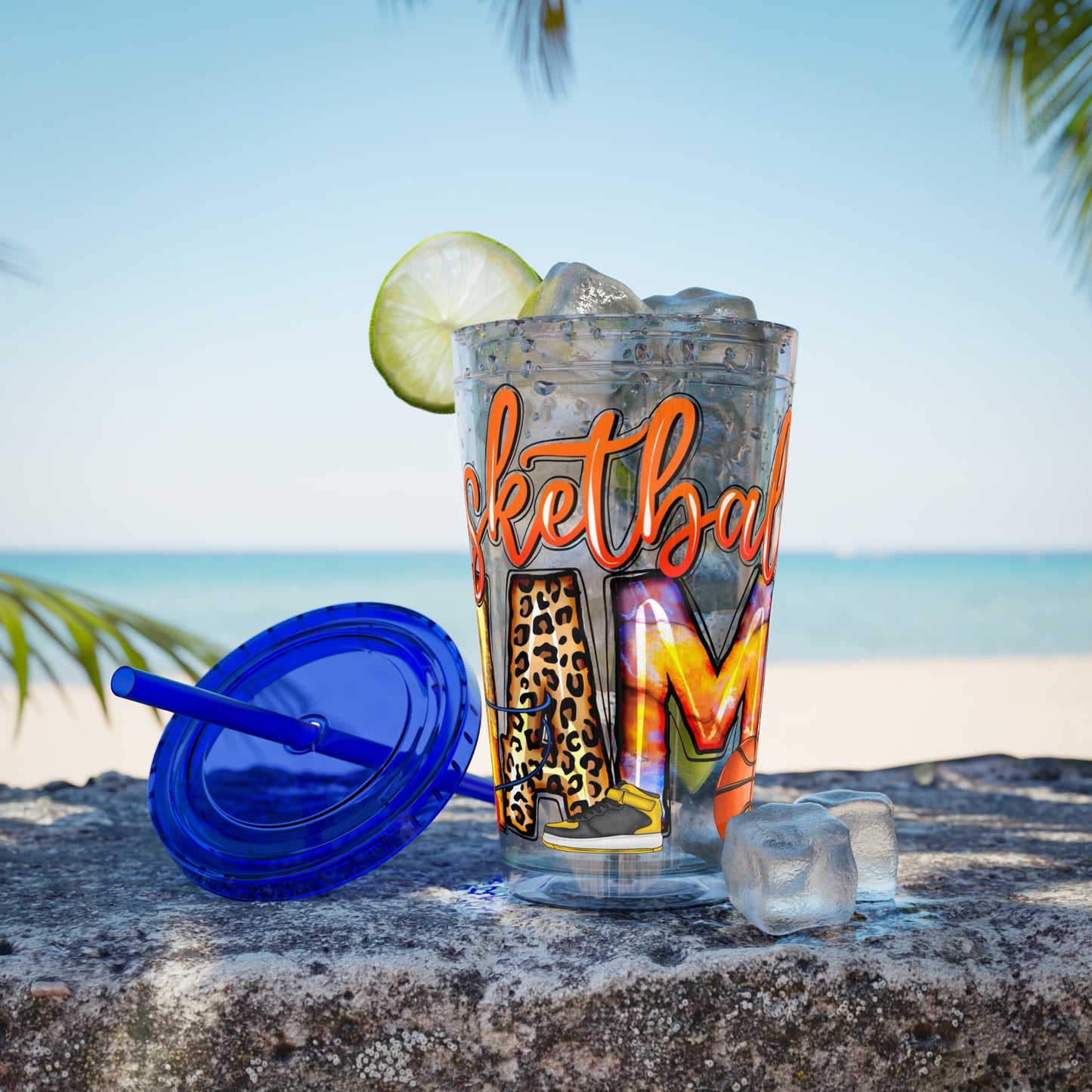 Basketball Mom 16oz Tumbler with Straw — Leopard & Plaid Sunsplash Design