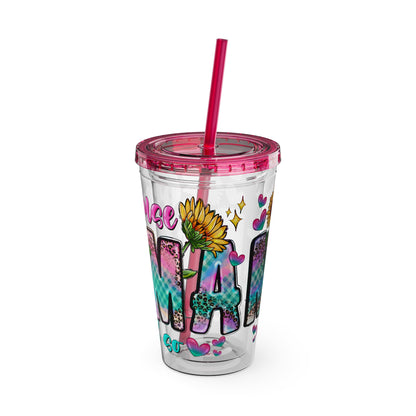 16oz Sunsplash Tumbler with Straw — Floral 'Because I Am' Colorful Sunflower Design