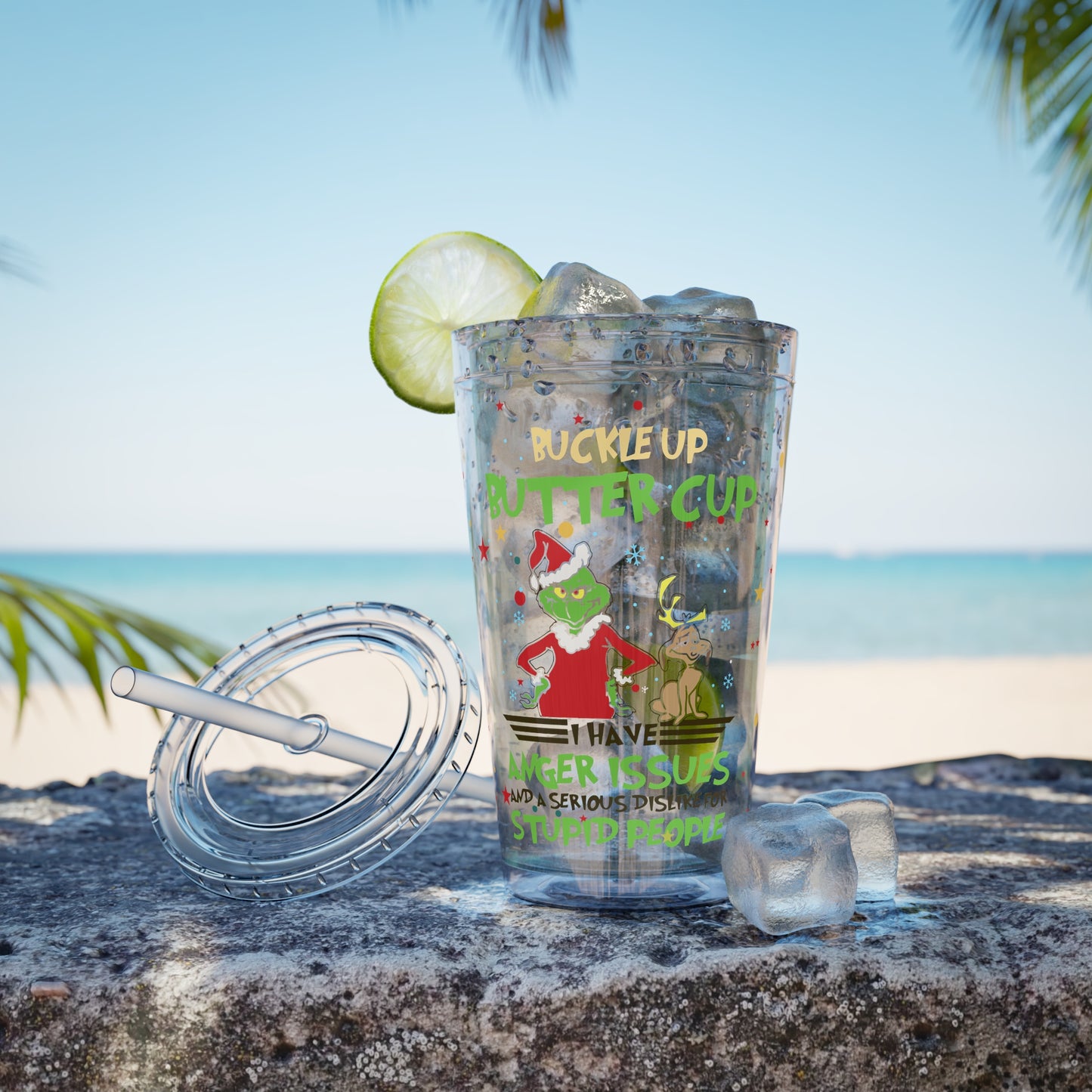 16oz Tumbler with Straw — 'Buckle Up Buttercup' Grinch Holiday Travel Cup