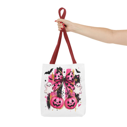 Halloween Pink Bow Tote Bag — Cute Ghosts & Jack-o'-Lanterns AOP