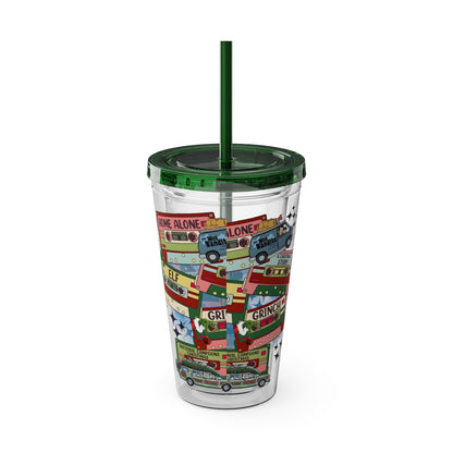 Holiday Movie Vans 16oz Tumbler with Straw – Christmas Classics Design (Home Alone, Elf, Grinch)