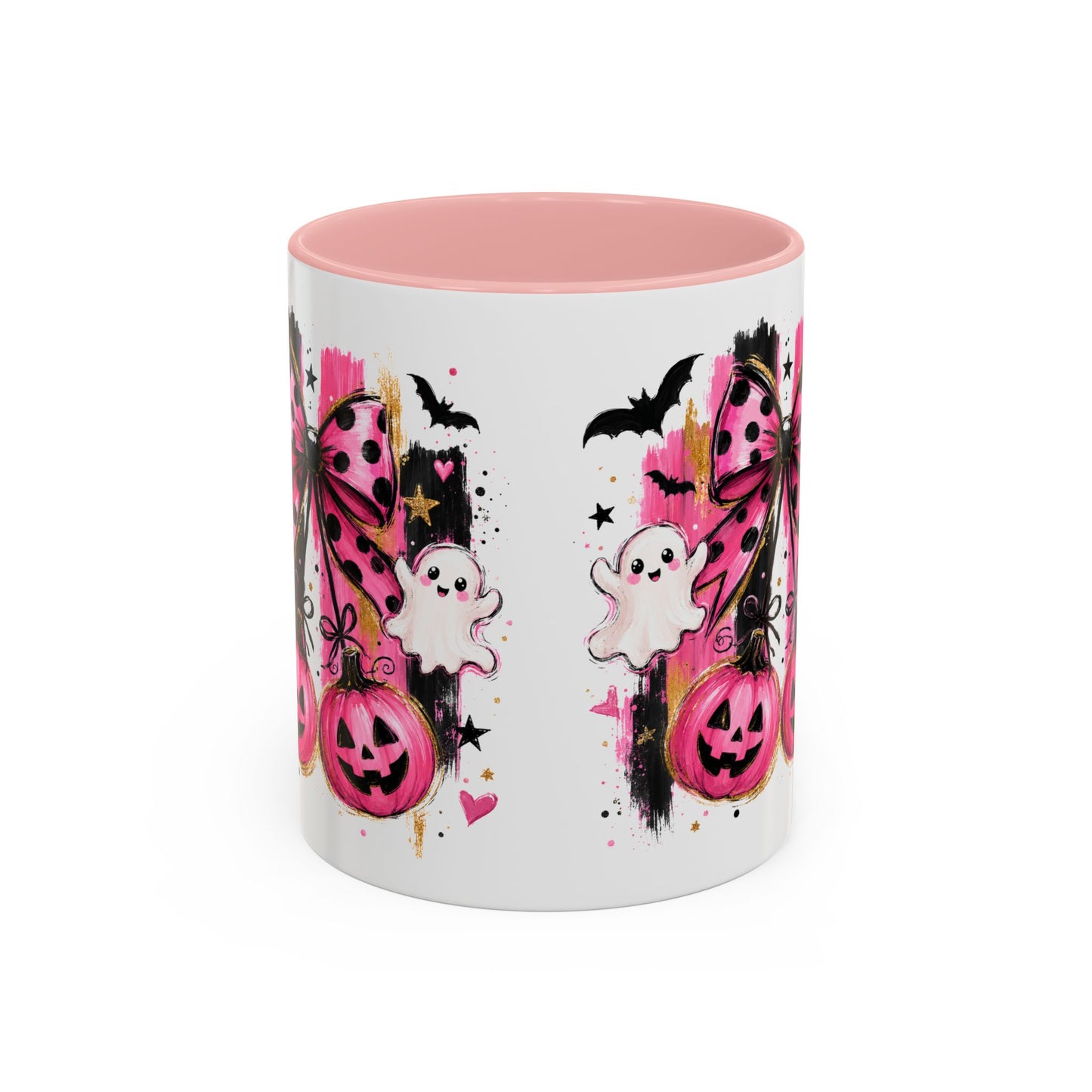 Halloween Pink Pumpkin Coffee Mug — Cute Ghosts & Bow Accent Mug (11/15oz)