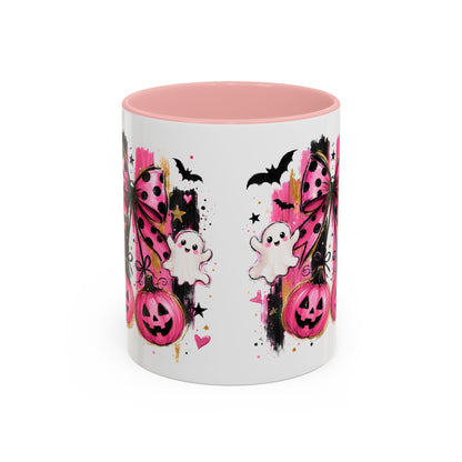 Halloween Pink Pumpkin Coffee Mug — Cute Ghosts & Bow Accent Mug (11/15oz)