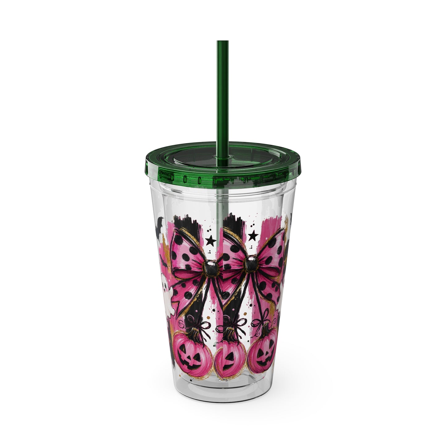 Halloween Pink Ghost Tumbler with Straw — 16oz Cute Pumpkin & Bow Drink Cup