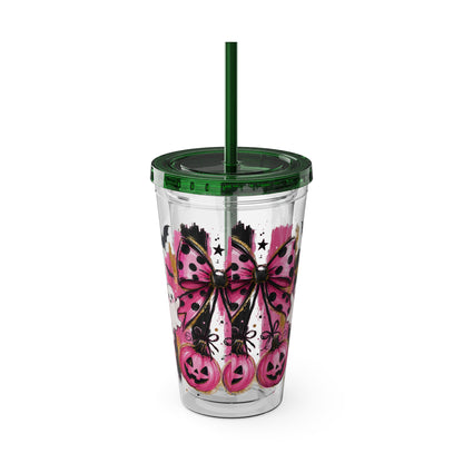 Halloween Pink Ghost Tumbler with Straw — 16oz Cute Pumpkin & Bow Drink Cup