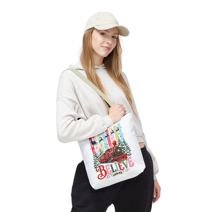 Believe Christmas Tote Bag — Vintage Holiday Train Gift Tote